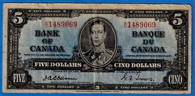 Canada $5 1937 BC-23a / P-60a Circulated Note " OSBORNE / TOWERS "   A/C 1489069 - Image 1 of 3