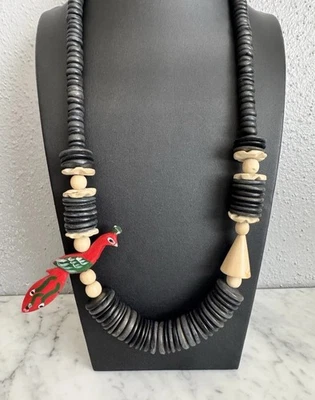 Collar Vintage Grueso Geométrico Madera y Pintado a Mano Pájaro Rojo Brillante Cuentas 28" Foto 1 de 4