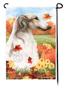 Falling Leaves Garden Flag - Grey and White Borzoi - Picture 1 of 1