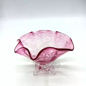 Bohemia Tschechische Preiselbeere Rosa bis Klar 5 Fuß Gekräuselt 7" Kunst Glas Schüssel - Bild 1 von 9