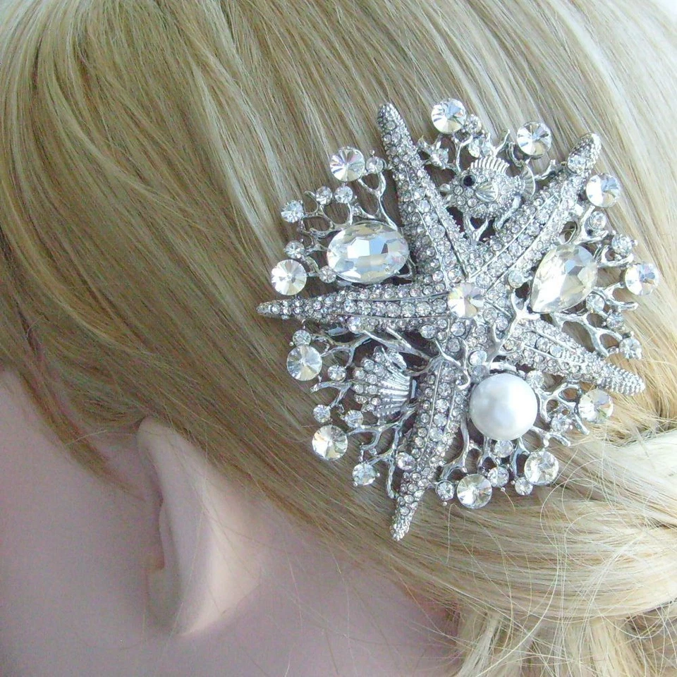 Wedding Bridal 3.15" Pearl Clear Austrian Crystal Starfish Hair Comb 06412C1 - Image 1 of 4