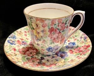 Colclough 6366 Flat Cup Saucer Floral Chintz Gold Band Bone China Replacement - Picture 1 of 11