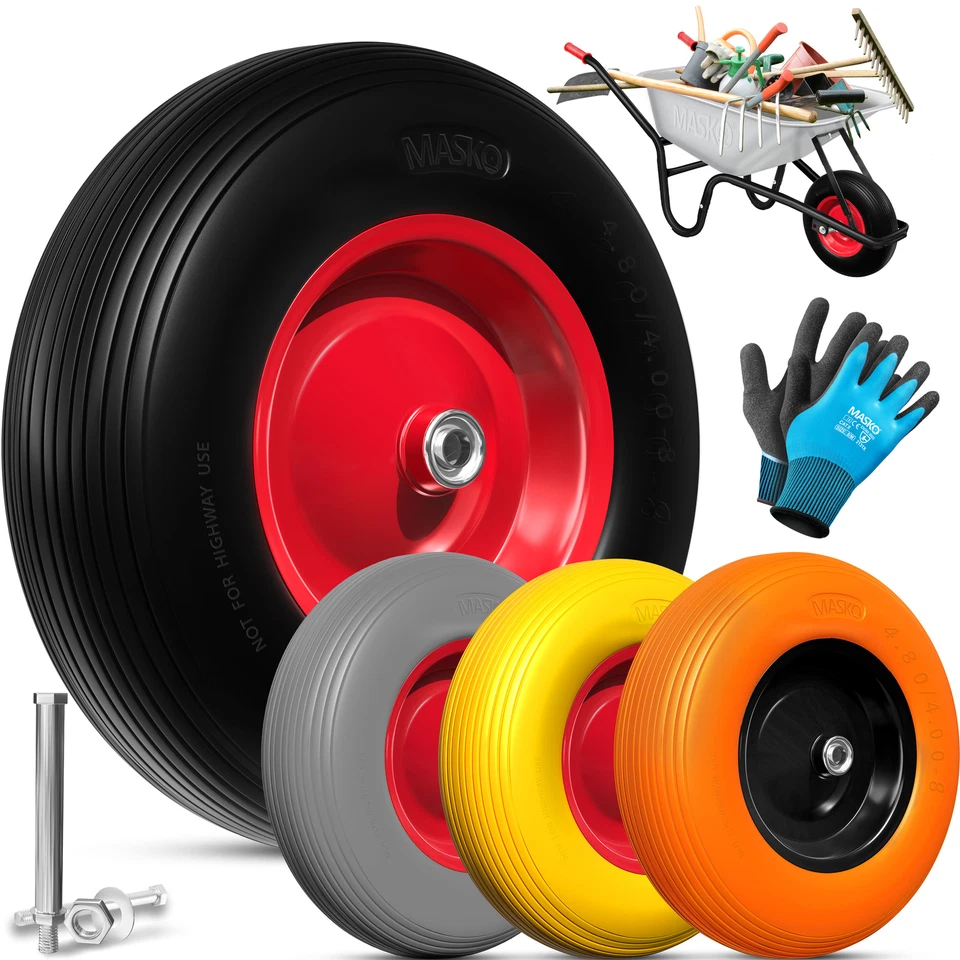 MASKO Schubkarrenrad Vollgummi PU mit Achse Ersatzrad Schubkarre Gummirad Reifen