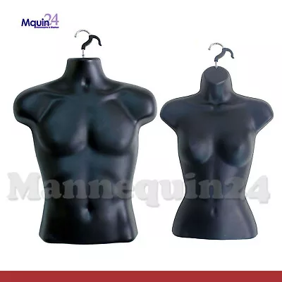 Black Mannequin Male & Female Torso Set - 2 Plastic Dress Forms with 2 Hangers - Image 1 of 4
