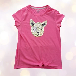 Jack & Jill t-shirt Girl XL (14-16)/pink+sequins graphic/waist knot/short sleeve - Picture 1 of 6