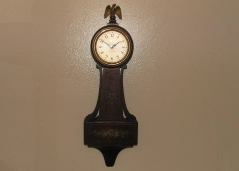 SETH THOMAS BANJO WALL CLOCK, ELECTRIC - MAHOGANY w/FLOWERS & EAGLE FINIAL Cover