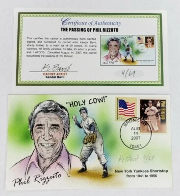 Passing of Phil Rizzuto "Holy Cow" Bevil HP Cachet First Day Cover 2007 COA Gree - Image 1 of 4