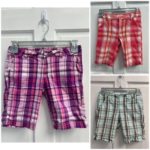 LOT Of 3 Girls Plaid Bermuda Summer Shorts SIZE 10 Pink Purple Blue Pre Loved - Picture 1 of 14