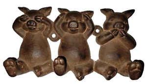 Cast Iron Three Little Pigs Triple Wall Hook - See Hear Speak No Evil Pose - Picture 1 of 6