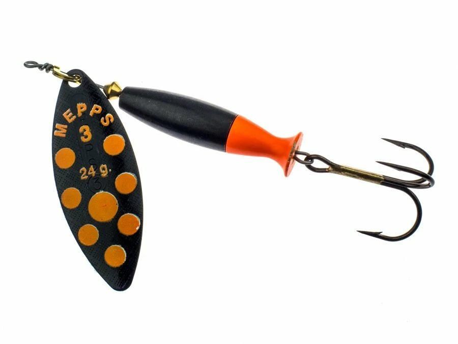 Mepps Aglia Long Heavy Black/Orange Dots Köder Spinner Zander Hecht FARBEN  - Bild 1 von 1