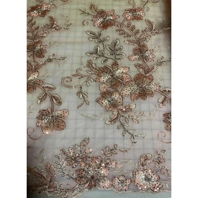 Rose Gold Floral Sequin Embroidered Tulle Lace Fabric - Image 1 of 2