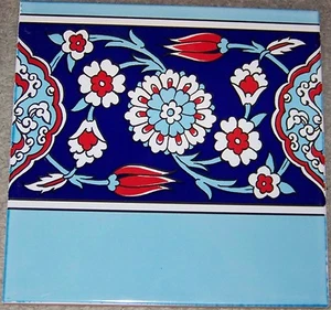 10 8"x8" Turkish Red & Blue Ottoman Iznik Tulip & Daisy Ceramic Tile Border - Picture 1 of 2