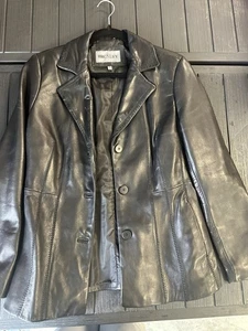 Bromley Collect Black Leather Coat 90’s Y2K Button Up Pockets Soft Med. Excelle - Picture 1 of 6