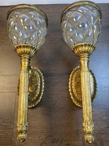 2 Vintage Wand Kerzenleuchter Käfig Glas Gold Blase mundgeblasen groß - Bild 1 von 7