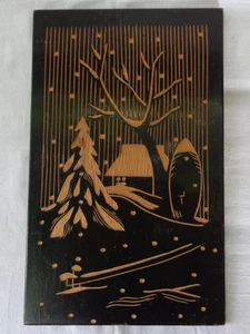 Ukrainian Village Hut Winter Snow Christmas Tree 1971 Vtg Painting Wood Picture - Picture 1 of 8