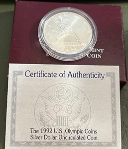1992-D U.S. Olympic Baseball $1 Silver UNC Commemorative Coin  With Box coa - Picture 1 of 3