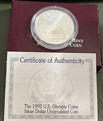 1992-D U.S. Olympic Baseball $1 Silver UNC Commemorative Coin  With Box coa - Image 1 of 3