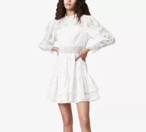 ALL SAINTS White Long-Sleeve Tiered Annasia Broderie Mini Dress Women's Size 4 - Foto 1 di 10