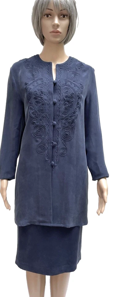 TRAJE ADRIANNA PAPELL AÑOS 90 100% SEDA 2 PIEZAS AZUL OSCURO CON CHAQUETA BORDADA Talla 10 Foto 1 de 4