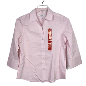 Women Foxcroft NYC Poplin Blouse Long Sleeve Collard Chambray Pink Medium - Picture 1 of 8