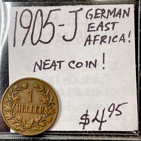 1905 J German East Africa 1 Heller Coin ENN Coin & Cards Cover