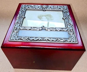 Vintage Cherry Wood Photo Box W/ 4 Pull Out Dividers Pewter Picture Frame on Lid - Picture 1 of 14