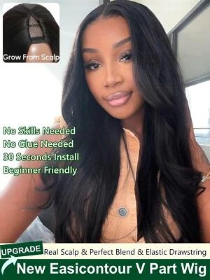 UNice Brazilian V Part Glueless Yaki Straight Wigs With Drawstring Human Hair US - Image 1 of 4