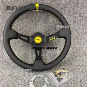13inch 330mm Deep Dish Leather Momo Rally Sport Car Steering Wheel Yellow button - Bild 1 von 2