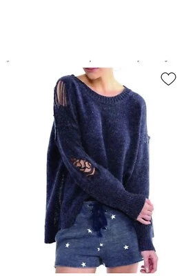 Suéter Wildfox After Party para mujer talla pequeña azul desgastado grunge destruido Foto 1 de 4