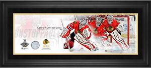 Corey Crawford Blackhawks 2015 Stanley Cup Champ Framed 10x30 Pano with Used Net