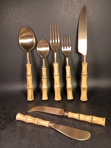 Acrylic Bamboo Handle Gold Flatware Forks Spoons Knife Butters Service For 1 - Picture 1 of 7