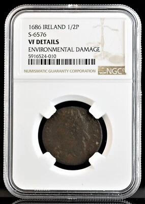 1686 Ireland 1/2 P S-6576 NGC VF Details Environmental Damage - Image 1 of 4