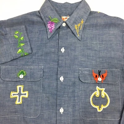 Camisa De Colección JCPenney BIG MAC Hombres Bordada MoD Hippie PUESTA DE SOL Cambray 50/50 L Foto 1 de 4