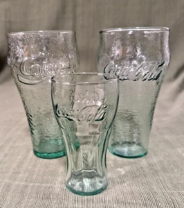 3 Vintage Green Coca-Cola (Coke) Pebbled Glass Glasses 1980's - Picture 1 of 12