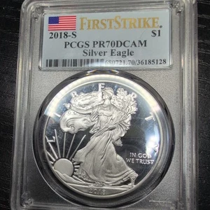 2018 S SILVER EAGLE PCGS PR70 DCAM FLAG FIRST STRIKE LABEL PROOF - Picture 1 of 9