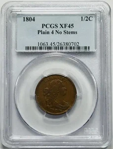 1804 P Half Cents Draped Bust Copper PCGS XF-45 BN Plain 4 No Stems Rotated Rev. - Picture 1 of 2