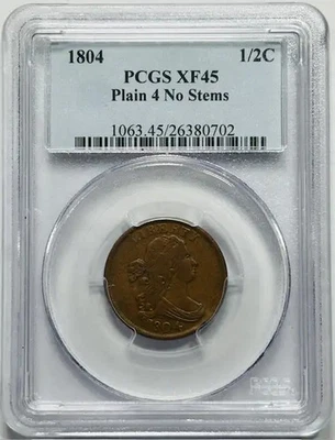 1804 P Half Cents Draped Bust Copper PCGS XF-45 BN Plain 4 No Stems Rotated Rev. - Image 1 of 2