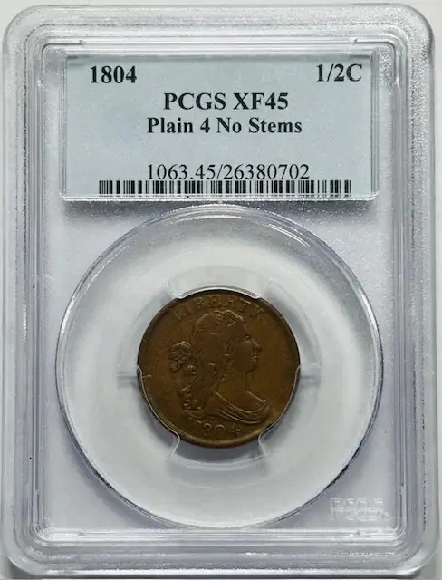 1804 P Half Cents Draped Bust Copper PCGS XF-45 BN Plain 4 No Stems Rotated Rev. - Image 1 of 2