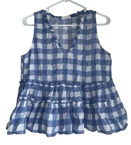 THML Womens V Neck Sleeveless Tiered Ruffle Tank Top Sz S Blue White Check - Picture 1 of 5
