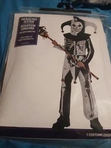 New Scary Menacing Jester Clown Skeleton Childs Halloween Costume Sz XL 14-16 - Picture 1 of 5