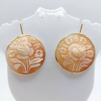 Round Hand-Carved Floral Cameo Earrings – Gold-Plated Silver, Secure Hook - Image 1 of 4