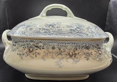 Antique Henry Alcock Brunswick Semi Porcelain Tureen England Blue Floral Gold - Image 1 of 4