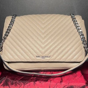 Karl Lagerfeld Schultertasche Handtasche braun gesteppt Leder Klappe vorne Kettenriemen - Bild 1 von 16