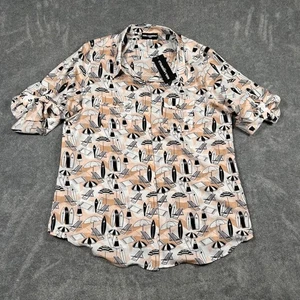 Karl Lagerfeld Paris Beach Print Button Down Shirt Rolled Sleeve Womens XL Beige - Picture 1 of 17