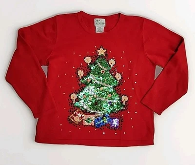Quaker Factory Christmas Red Holiday Embellished Sweater sz L Christmas Tree  - Image 1 of 4