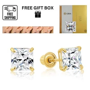14K Gold GRA Certified D-VVS1 Princess Cut Moissanite Screw Back Studs Earrings - Picture 1 of 3