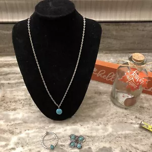 Costume Blue Round Pendant Silver Tone Necklace With Butterfly and Oval Pendants - Picture 1 of 13