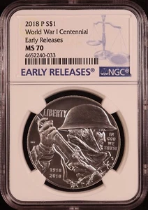 2018-P World War 1 Centennial US Commemorative Silver Dollar - NGC MS70! Nice! - Picture 1 of 5