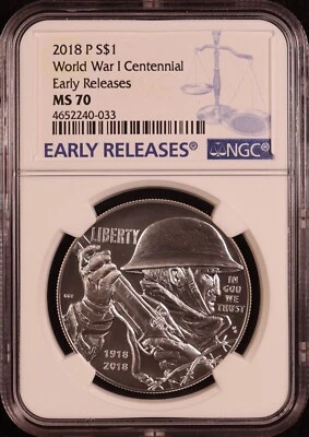 2018-P World War 1 Centennial US Commemorative Silver Dollar - NGC MS70! Nice! - Image 1 of 4