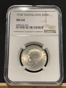 YUGOSLAVIA 20 Dinara 1938, NGC MS 64 Choice Uncirculated, Silver. X4 - Picture 1 of 2